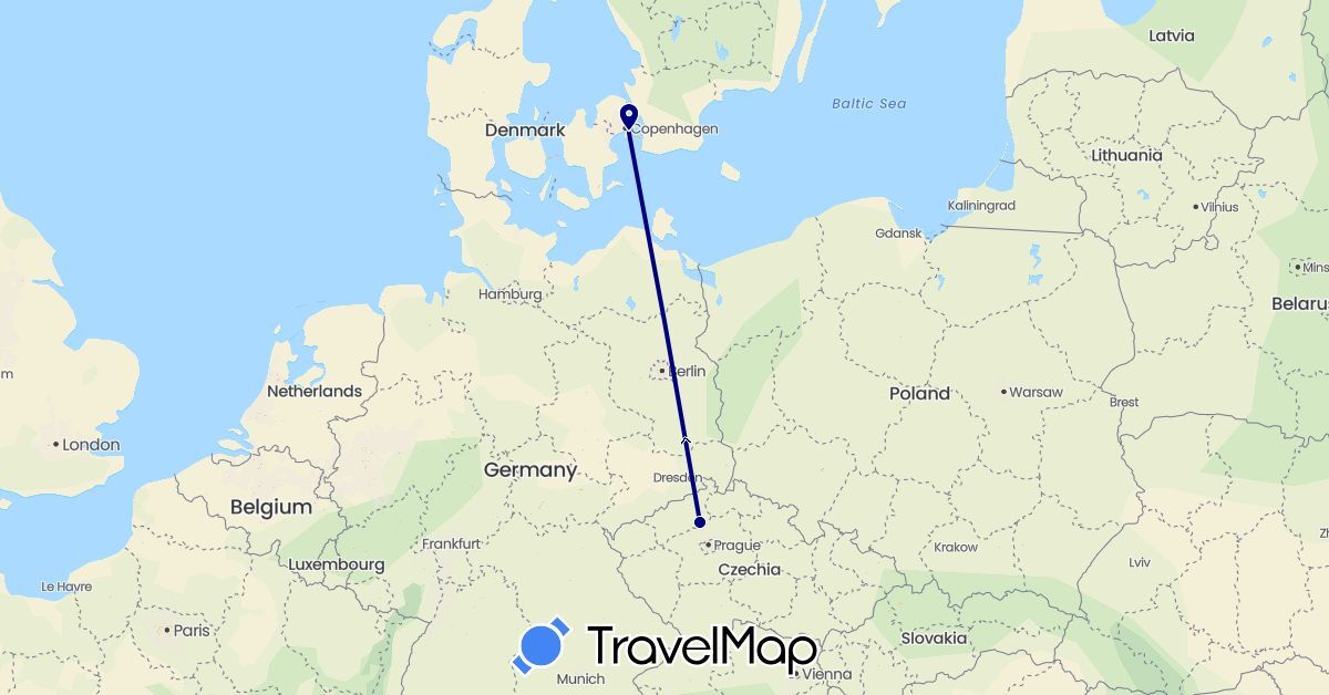 TravelMap itinerary: driving in Czech Republic, Denmark (Europe)